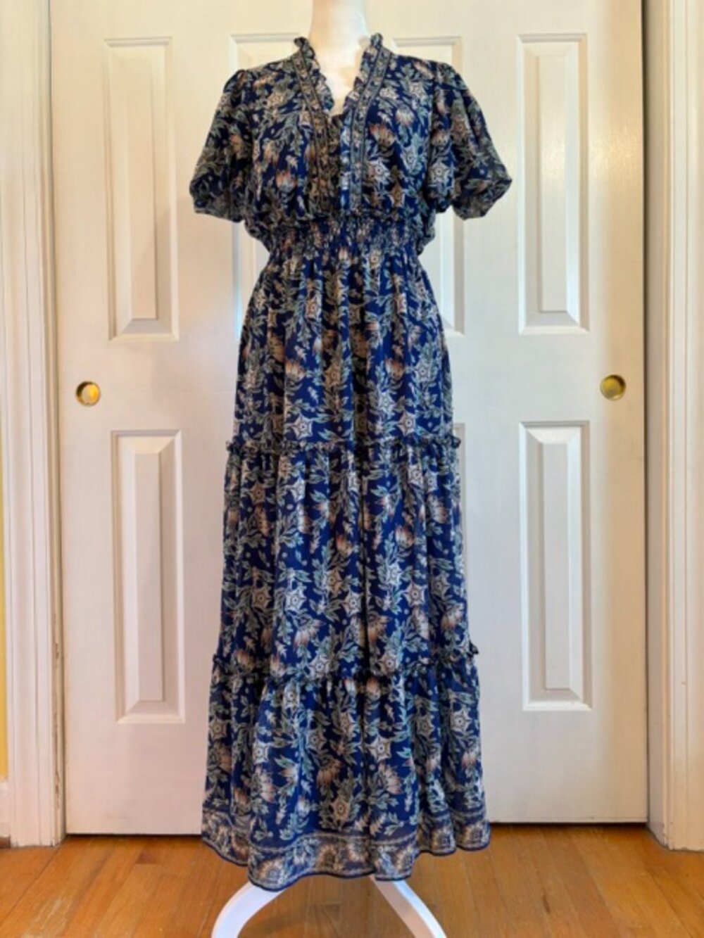 Max Studio Blue Floral Ruffled Smocked Waist Maxi Dress w/Puff Sleeves Small